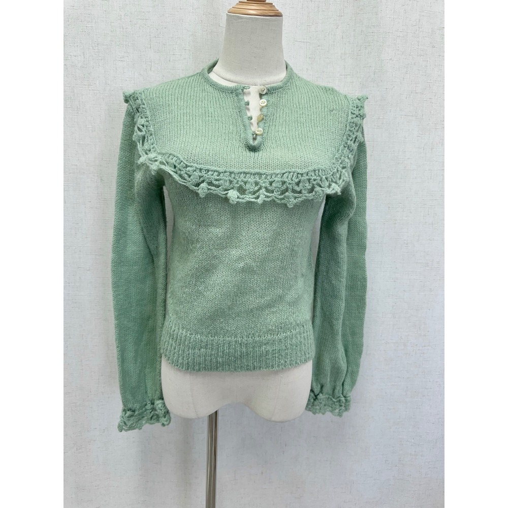 Sheridan Creations Mint Green Ruffle Bib Knit Sweater Womens Medium Vintage 70s